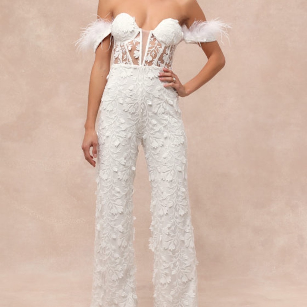Lulus Sparkle White Mesh Embroidered Feather Bustier Jumpsuit - Size XS